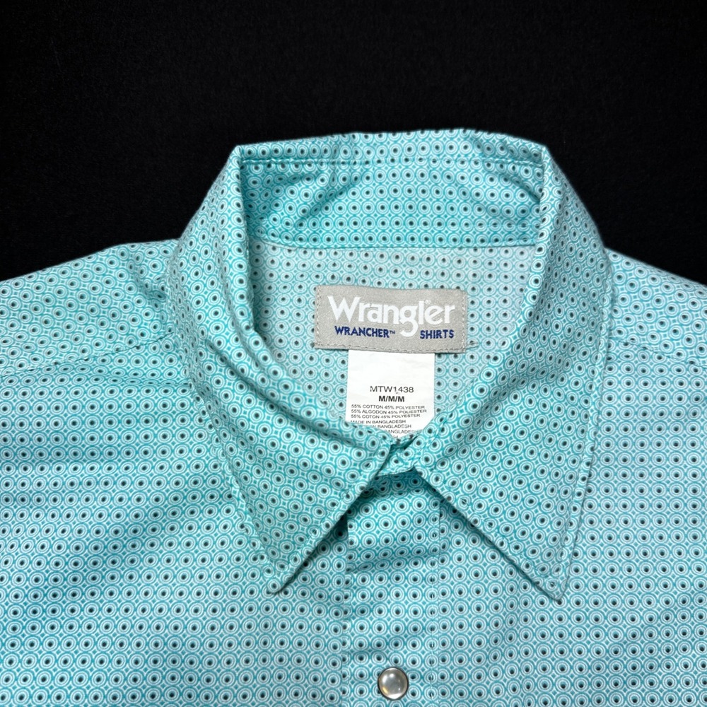VTG Wrangler Wrancher Shirts Men's Med Western Teal Polka Dot MTW1438‎ Cotton